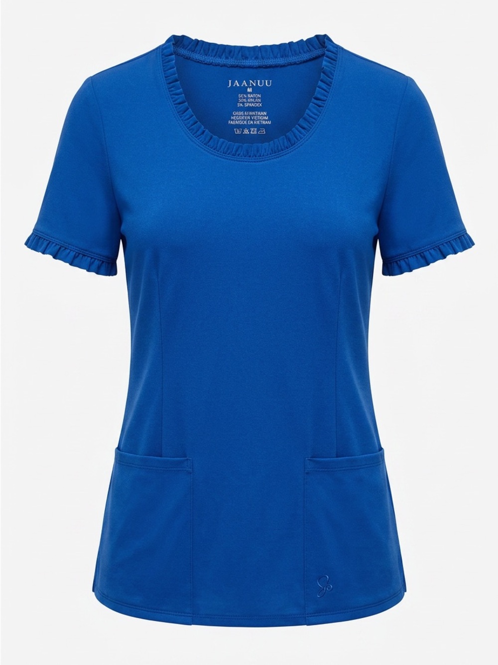 Jaanuu Royal Blue Ruffle-Trim Short Sleeve Scrub Top